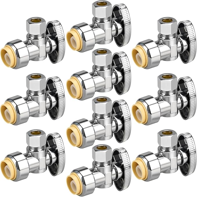 10pcs Stop Valves, 1/2" × 3/8" Angle Stop Valve, 1/2" PTC Input, 3/8" OD Compression Output, Push to Connect, 1/4 Turn, Chrome Plated Brass for Faucet, Toilet Valves, No Lead
