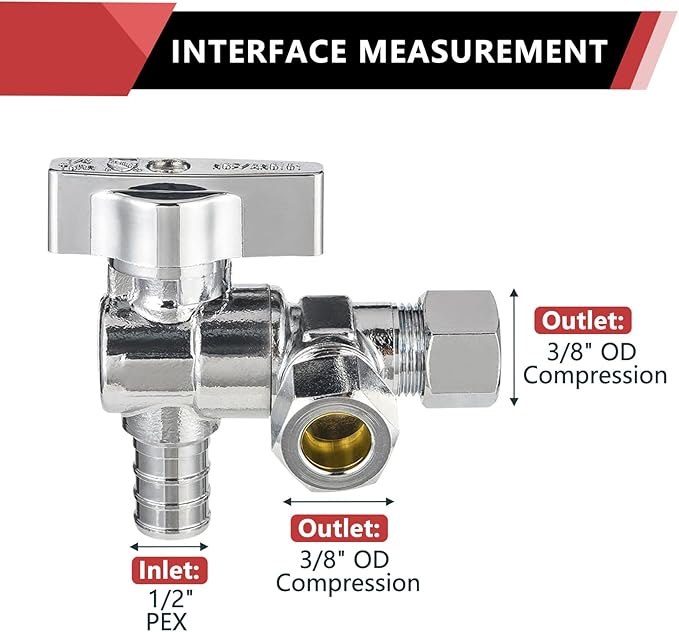 (Pack of 2) EFIELD Dual Outlet Angle Stop Valve, Quarter Turn, 1/2" Pex Barb Crimp Connection Inlet x (3/8 inch x 3/8 inch) Compression Outlet, Chrome Plated Brass,(VALVE200)