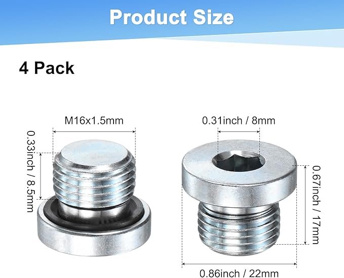 6-Pack M16x1.5mm Inner Hex Head Pipe Fitting Plug, Carbon Steel Sensor Socket Plug with Seal O-Ring for Terminate Pipe Ends/High Pressure Washer, Sealing Screw