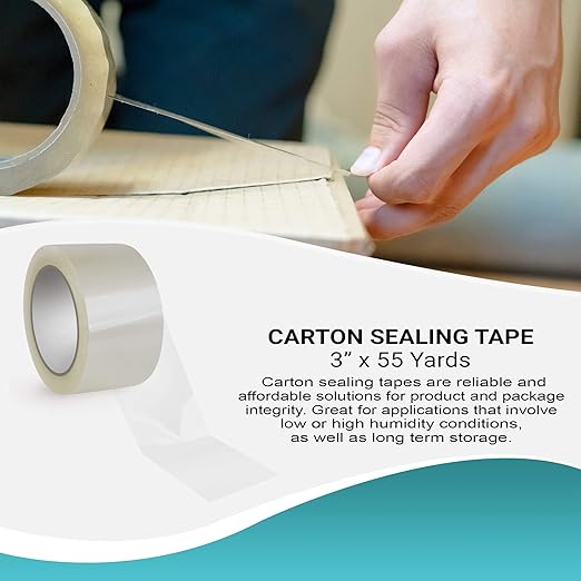 APQ 24 Rolls of Carton Sealing Tape 3” x 55 Yards. Thickness 2 Mil. 50 Micron Polypropylene Pressure Sensitive Tape for Packing, Shipping, Moving Boxes. Acrylic Adhesive. No Weathering, Yellowing.