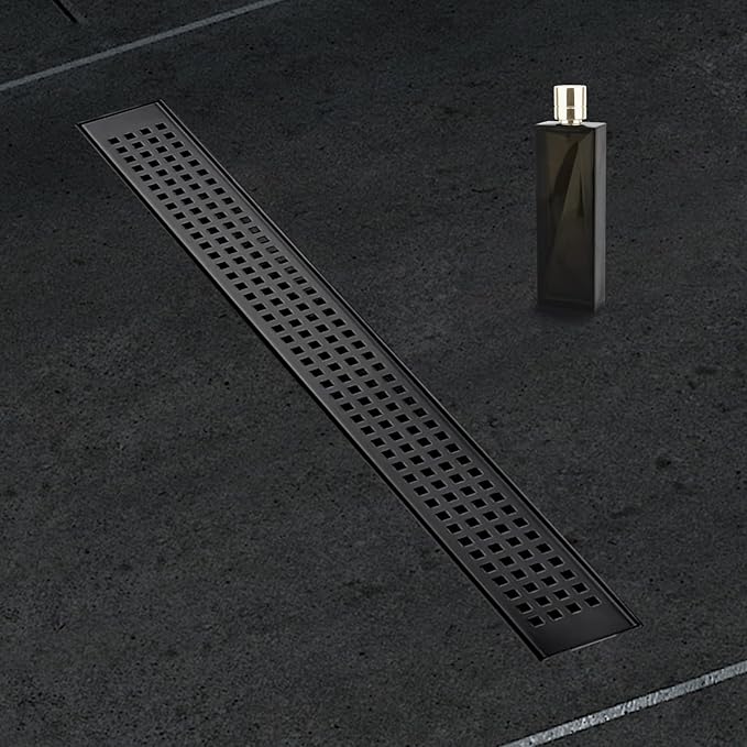 28 Inch Removable Cover Linear Shower Drain 304 Stainless Steel Rectangular Floor Drain for Kitchen Bathroom Square Hole Drain with Accessories Hair Strainer Adjustable Leveling Feet (Matte Black)