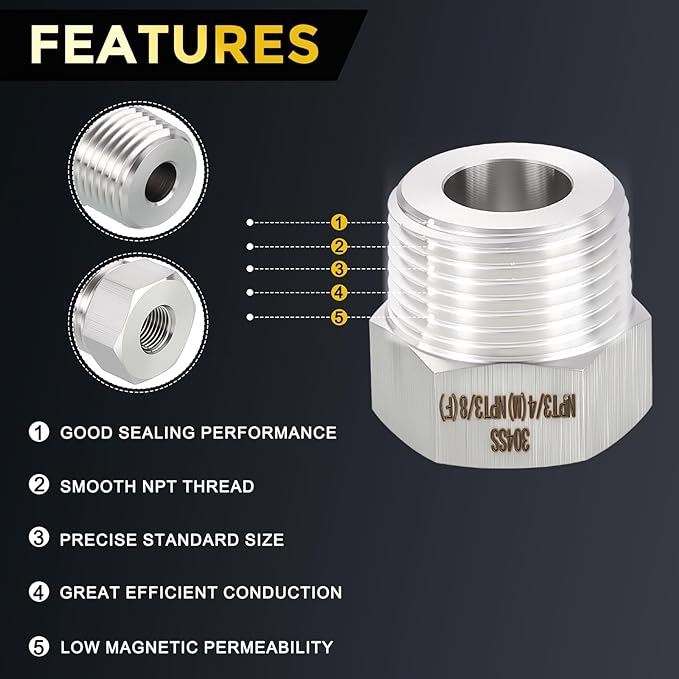 METALLIXITY 3PCS 3/4" Male NPT x 3/8" FeMale NPT Thread 304 Stainless Steel Hex Bushing Extension Tube Adapters Convert for Water Tub Spout/Shower