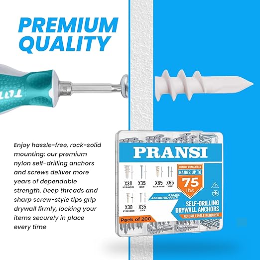 Drywall Anchors and Screws Kit – 200pcs- 3 Sizes Self Drilling Anchors – No Pre-Drill Required – Heavy Duty Wall Anchors for Drywall – Holds Up to 75lbs, 13x32mm,15x33mm,13x42mm