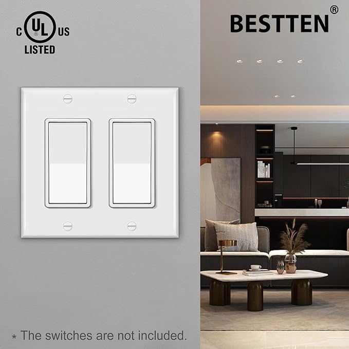 [10 Pack] BESTTEN Decorator Wall Plate, 2 Gang Standard Size Outlet Cover for GFCI and USB Receptacles, H4.53” x W4.57”, Unbreakable Polycarbonate Material, UL Listed, White