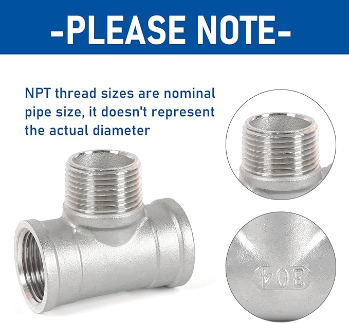 Kodilin 4PCS 304 Stainless Steel Tee Pipe Fittings, 1/2" NPT Female x 1/2" NPT Male x 1/2" NPT Female, Male Branch Tee
