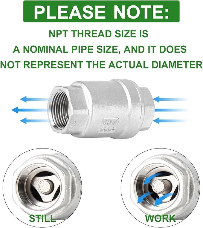 TAISHER 1PCS 304 Stainless Steel 1" NPT Female Vertical Check Valve，Backflow Prevention, One Way Spring Check Valves CF8 WOG 1000