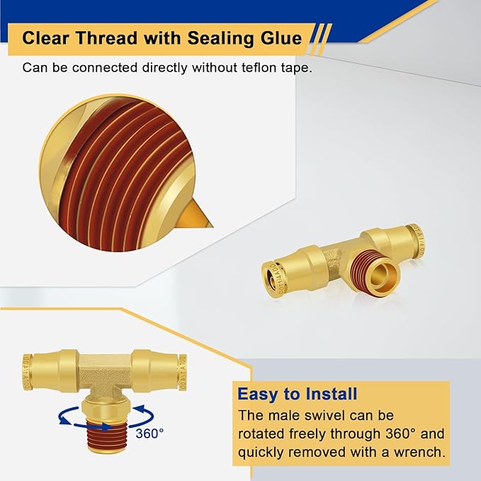 1/4“ DOT Air Line Quick Connect Fittings, 3PCS Brass Push to Connect Fittings 1/4" Tube OD × 1/8" NPT Tee Union to Male Pipe Swivel for Truck Trailers Air Brake System