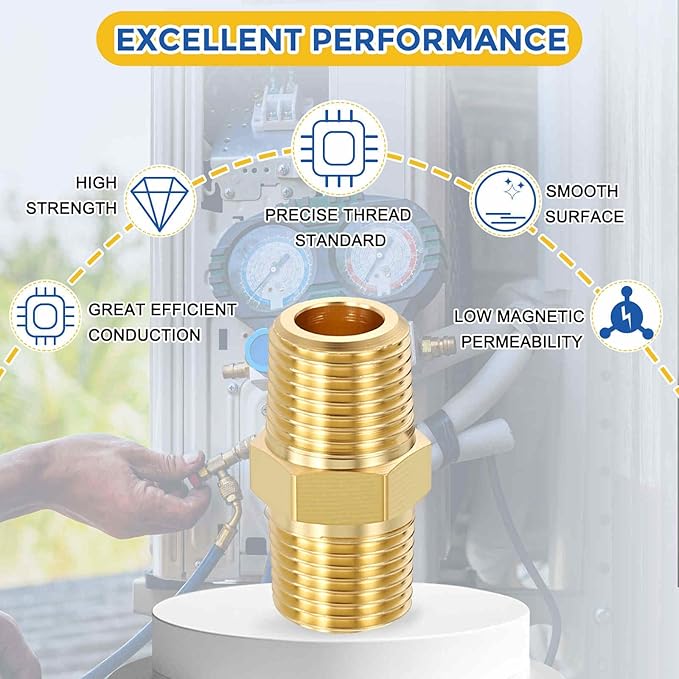 6 Pack Brass Pipe Fittings, 1/8" NPT Male to 1/8" NPT Male Brass Hex Nipple, Male Pipe Adapter Reducer for Air, Oil, LP