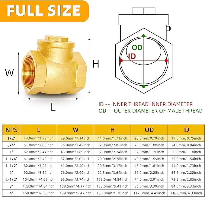 1/2" NPT Horizontal Check Valve, Brass Non Return Swing Check Valve to Prevent Water Backflow, Level One Way Counterflow Valve to Prevent the Medium Backflow for Oil Water Gas Air（1/2", DN15）