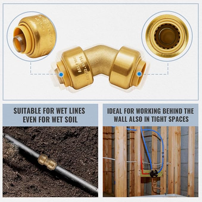 SUNGATOR 1/2 Inch 45 Degree Elbow, No Lead Brass Push to Connect Plumbing Fittings to Connect PEX Pipe, Copper, CPVC, PE-RT, with 1 Disconnect Clip, Pack of 6