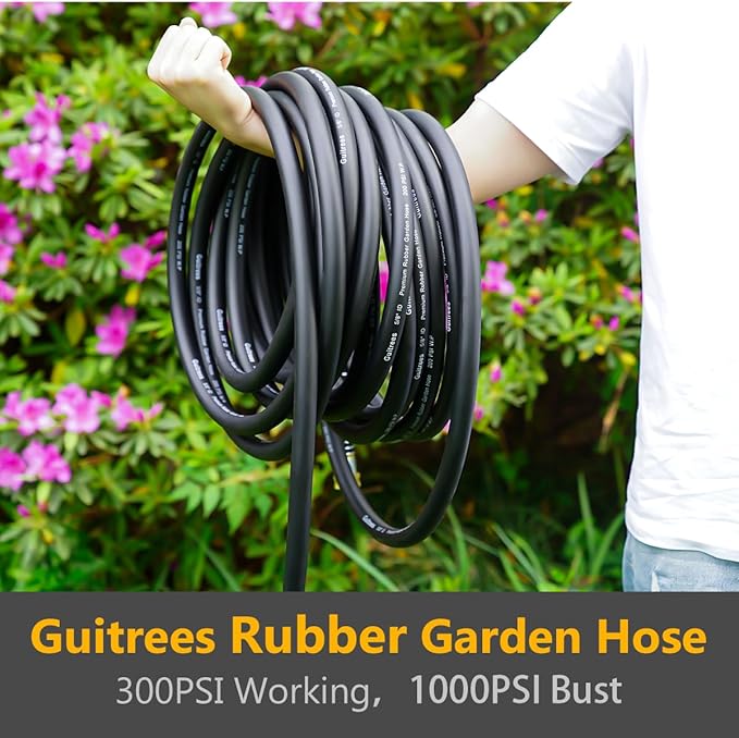 25FT 3/4 Heavy Duty Rubber Garden Hose - 200psi Working, 1000psi Burst - Hot/Cold Water - Five-Layered Braiding for Durability - Versatile for Gardening, Agriculture, Construction(Black)