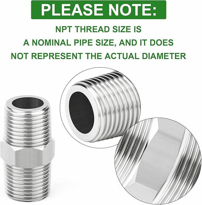 TAISHER 2PCS 304 Stainless Steel New Hex Nipple, 3/8" NPT Male x 3/8" NPT Male, Pipe Adapter Fitting