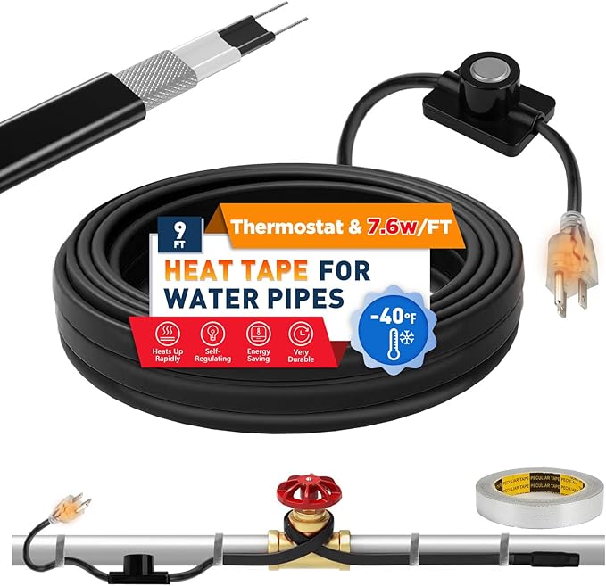 3~100FT Heat Tape for Water Pipes, UL & ETL Certified 9 FT Self-Regulating Pipe Heating Cable with Thermostat for Pipe Freeze Protection, Waterproof Heat Tape for Metal and Plastic Pipes,Black