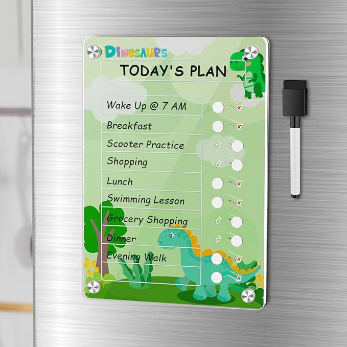NiHome Acrylic Magnetic To Do List Planning Board with Sliders & Desktop Stand, Kids Chore Chart, Checklist Routine Chart Task Board for Fridge & Desk, For Magnetic Metal Surfaces Only(Green Dinosaur)