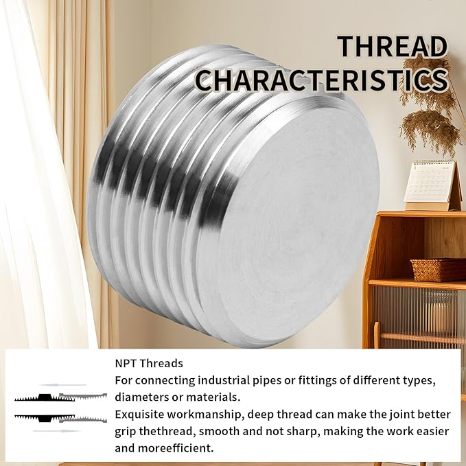 ChillWaves 304 stainless steel Pipe Fitting, Internal Hex Head Socket Pipe Plug Fitting，1/8" NPT Male，Thread Adapter(12-PACK)