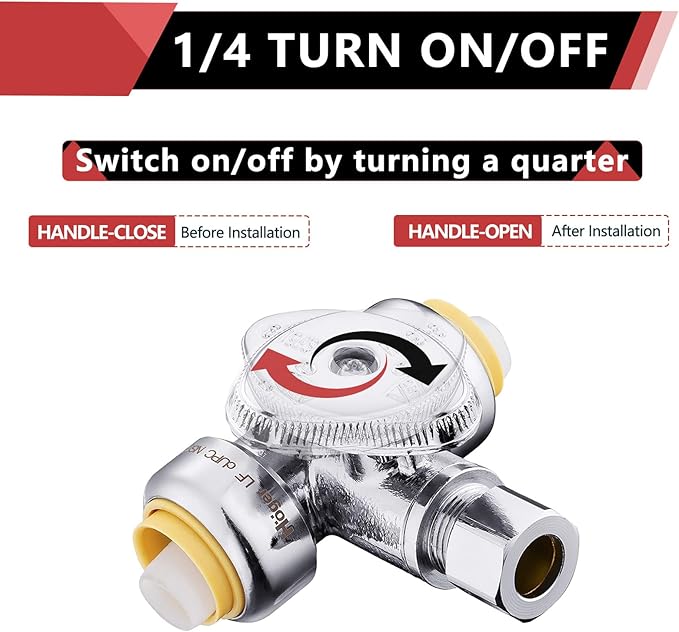 EFIELD (Pack of 10) Push Fit Tee Stop Valve 1/2" x 3/8" OD Compression, 1/4 Turn, Water Shut Off Valve Chrome With Disconnect Clip,(PF-VALVE042-10PCS)