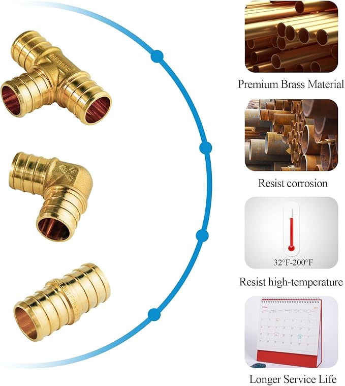 WiseWater 36 Pcs Pex Fittings, 3/4 inch T PEX Tee(12PCS) & 90 Degree Elbow & Straight Coupling, Brass Barb Crimp Pipe Fitting for Pex Pipe(Pack of 36), UPC Certified