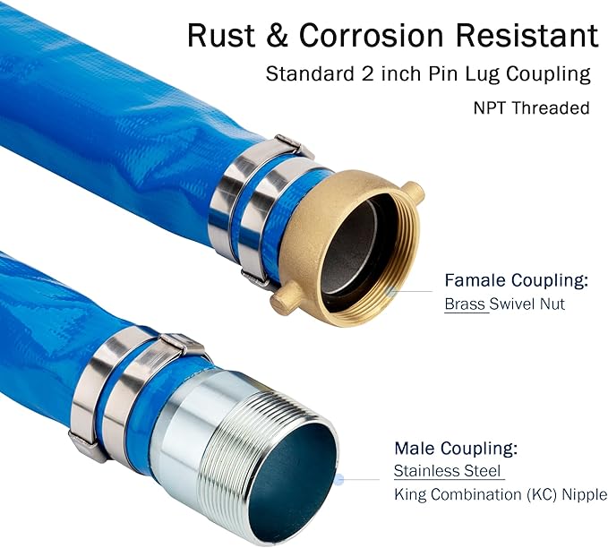 2" ID x 100 ft PVC Lay Flat Discharge Hose with NPT Pin Lug & KC Nipple Fittings, Heavy Duty Reinforced Blue Backwash Pump Hoses for Swimming Drain Pools and Clean Filters