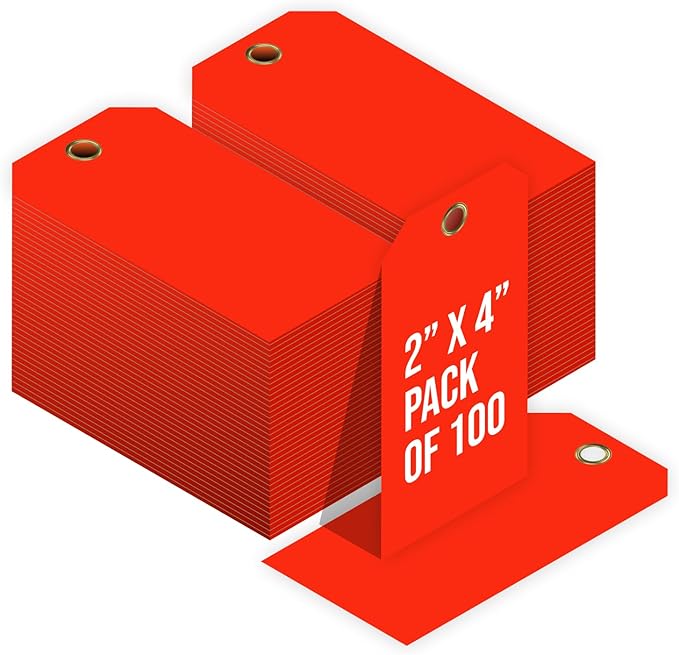 Tags 4 Less 15 Mil Waterproof Plastic Tags, Pack of 100 – 2” x 4” Heavy Duty Plastic Tags for Labeling, Outdoor Tagging, Equipment Labeling, Luggage, Valves & More (Fluorescent Orange/Red)