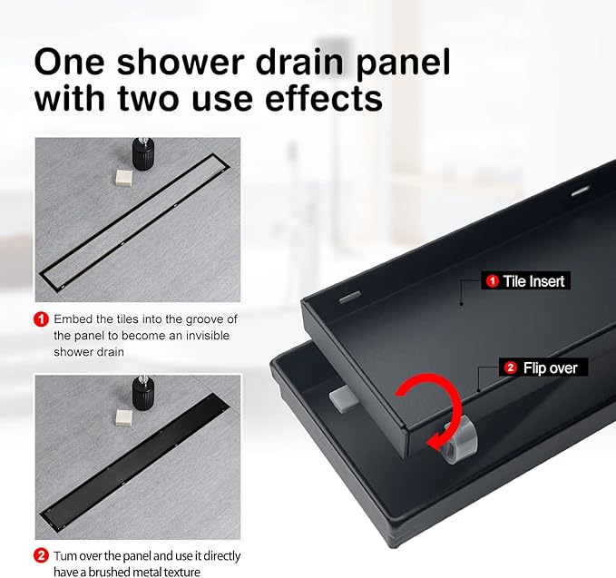 SaniteModar Linear Shower Drain, Black Shower Drain 40 inch with Flat and Tile Insert 2 in 1 Panel, 304 Stainless Steel Black Linear Floor Drain with Hair Strainer and Leveling feet