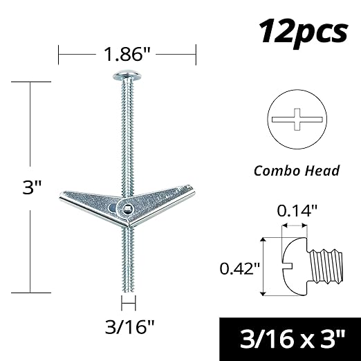 HASWARE Toggle Bolt Zinc Plated Steel and Wing Nut for Hanging Heavy Items on Drywall 3/16x3 (12 Pack)