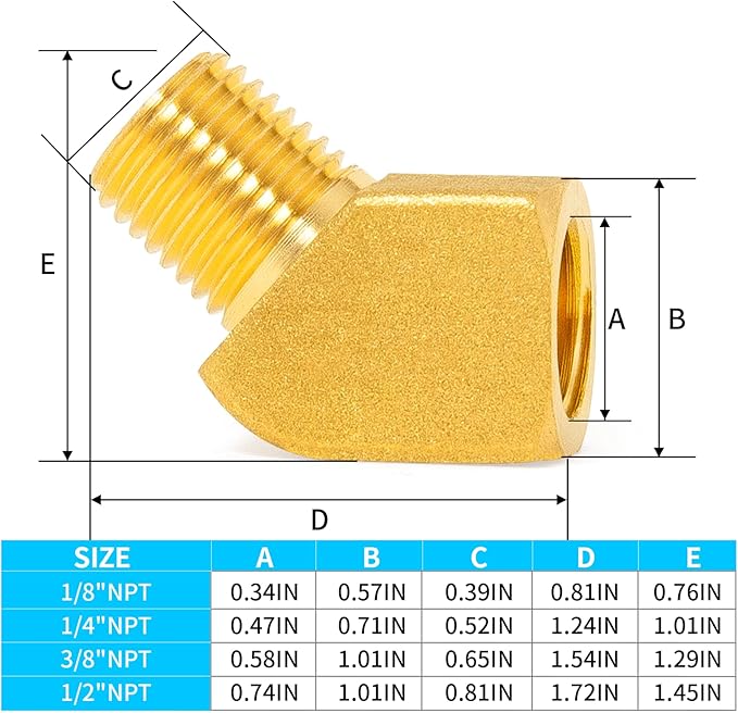 ChillWaves Brass Pipe Fitting, 45 Degree Barstock Street Elbow 1/2" NPT Female x 1/2" NPT Male Thread Adapter(2-PACK)