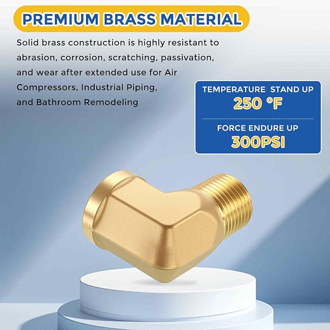 2 Pack Brass Pipe Fittings, 90 Degree 1/2" FeMale NPT to 1/2" Male NPT Barstock Street Elbow W/Sealing Tape, Forged Pipe Fitting Connector for Air, Oil, LP