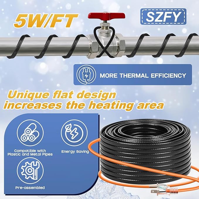 3FT~200FT Heat Tape for Water Pipes, -40°F Deicing Cable,Pipe Heat Cables for Roof,Gutter，Farm，Freeze Protetion Heating Wires, Heated Water Hose,Plumbing Fixtures,120V 5W/FT (50FT)