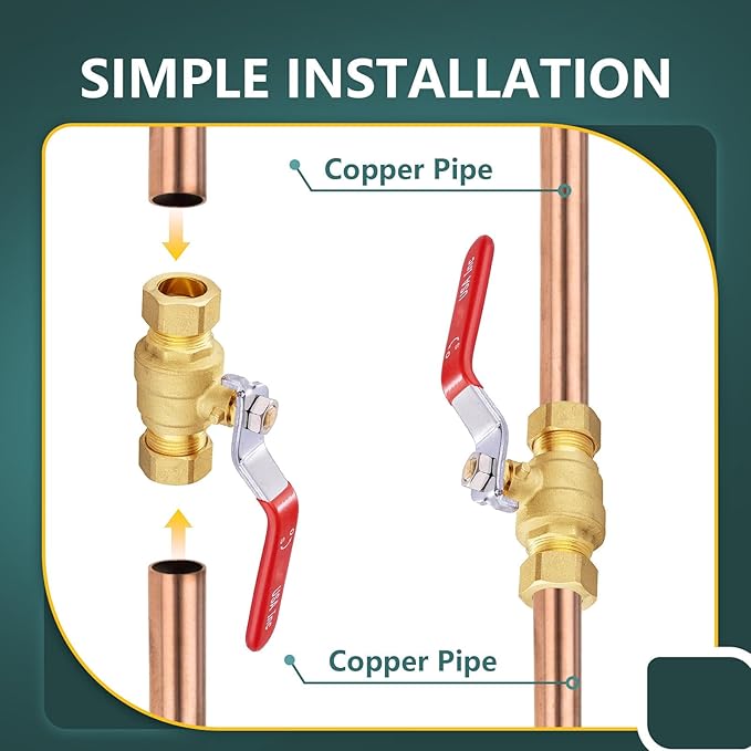 1/2" Ball Valve, 30 Pack Compression Shut Off Valves Red, Quarter Turn Brass Full Port Shut Off Ball Valve for Hot and Cold Water, NSF/ANSI 61 Certified
