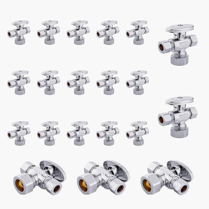 20-Pack GUOFIS Angle Stop Valve with Dual Compression Outlet,1/2" NOM (5/8" OD) Inlet x (3/8" x 3/8") Outlet Shut-off Valves(1/4 Turn,Chrome)(VALVE123-20Pack)