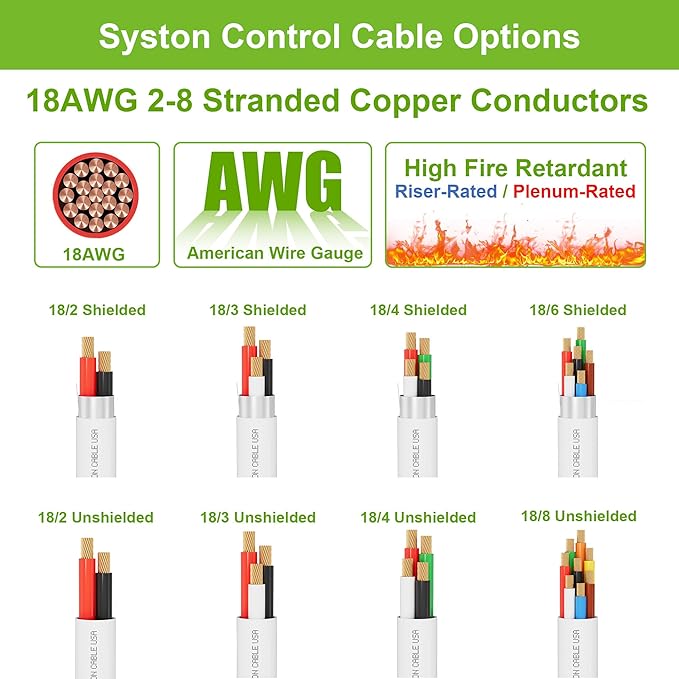 SYSTON 18/3 Fire Security Burglar Station Sound Alarm Control Cable Wire, Plenum-Rated CMP/CL3P Unshielded 100% Copper Stranded UL/ETL,UV Resistant RoHS for Indoor/Outdoor Low Voltage Applications Use