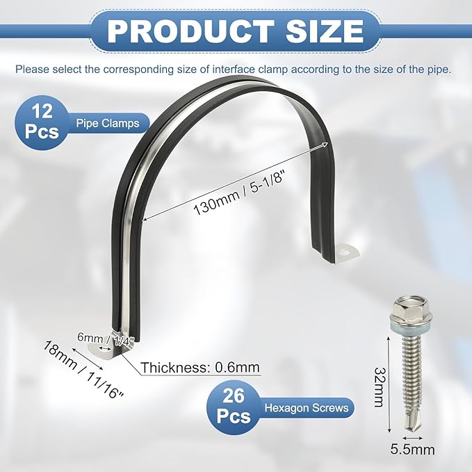PATIKIL 12Pcs Pipe Clamps, 5-1/8 Inch 304 Stainless Steel Rubber Cushioned U Bracket Conduit Clamps Pipe Strap Wire Clips with Hexagonal Screw for Tube Hose Cord Installation, 130mm