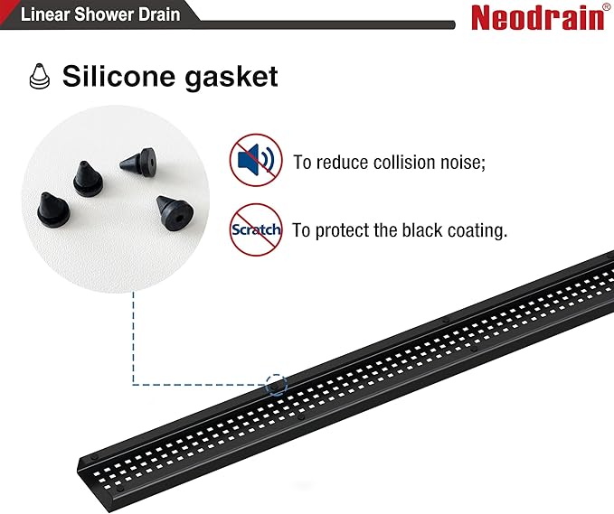Neodrain 36-Inch Black Linear Shower Drain with Removable Quadrato Pattern Grate,304 Stainless Steel Rectangle Shower Floor Drain, Linear Drain with Leveling Feet,Hair Strainer,Matte Black