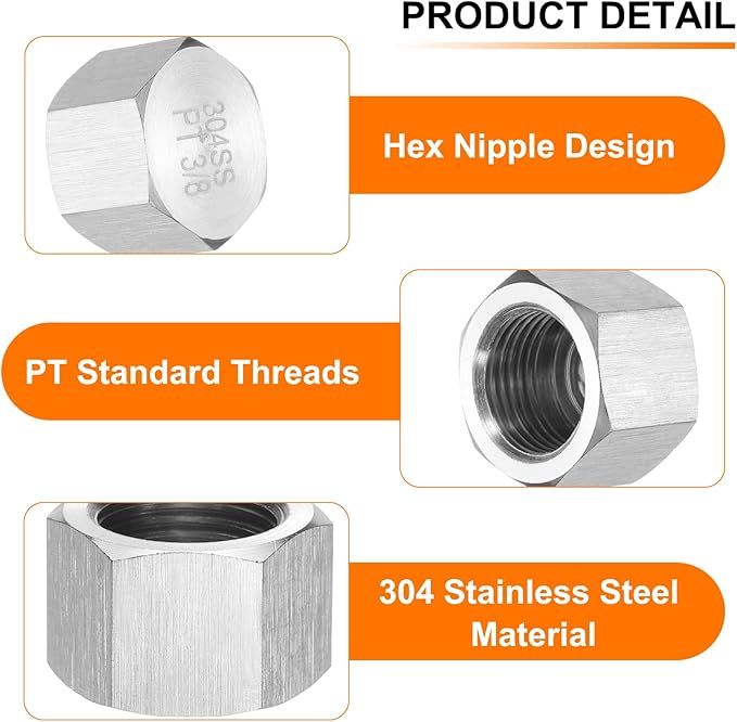 uxcell 2pcs Hex End Cap 304 Stainless Steel Nut with Washer, PT 3/8" Female Thread Pipe Fitting, Gas Line Water Line Stop Valve Cap Tubing Ends for Plumbing Fittings, Silver Tone