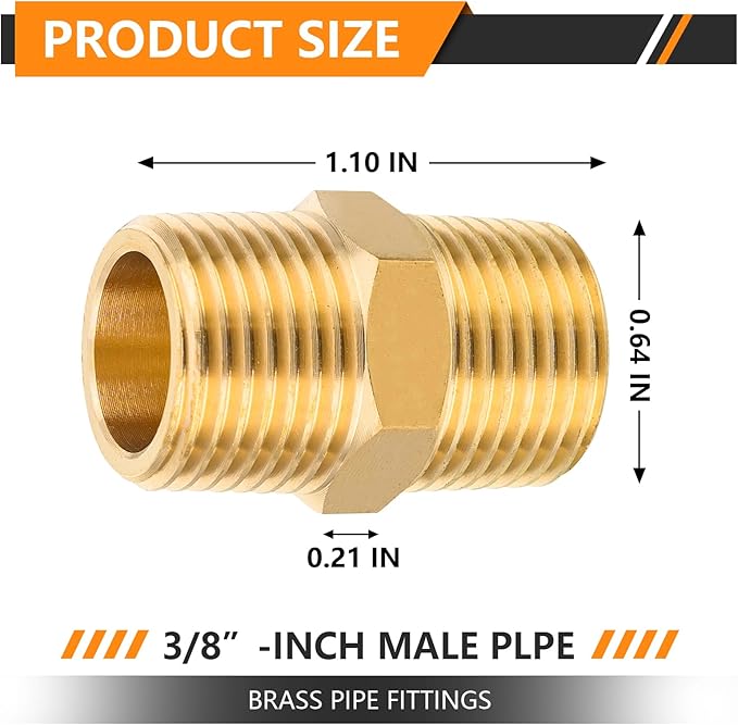 100-PCs HeSun Brass Hex Nipple Pipe Fitting, 3/8" NPT Male x 3/8" NPT Male Nipple Pipe Adapter(NPT012-100)