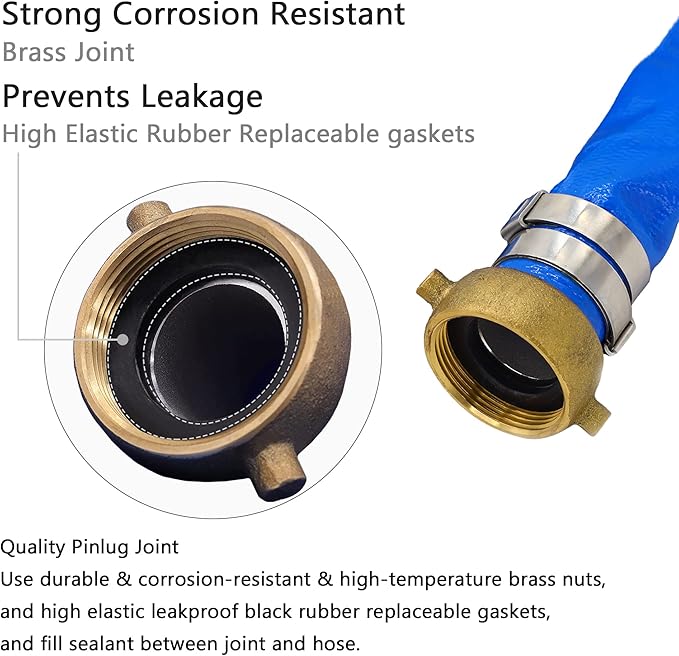 DAVCO 3" ID × 50 ft Pool Backwash Hose, Heavy Duty Reinforced Blue PVC Lay Flat Water Discharge Pump Hoses For Swimming Drain Pools and Clean Filters, With Aluminum Pin Lug Fittings
