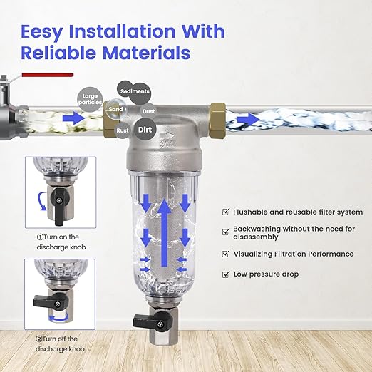 Amwater 304 Stainless Steel 40 Micron Spin Down Water Filter, Whole House Spin Down Sediment Water Filter, Reusable Flushable Pre-Filtration System, 3/4" MNPT + 1/2" FNPT