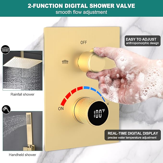 Shower Mixing Valve with Brushed Gold Trim Kit, 2 Way Shower Diverter Digital Brass Valve Body Temperature Display Mixer for Shower Faucets