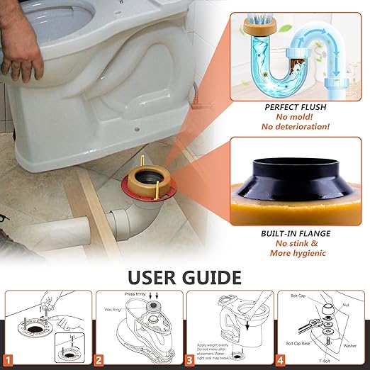 Extra Thick Toilet Wax Ring Kit Include Closet Bolts, Bolt Caps, Thick Flange and Retainer Washers, Fits 3 Inch and 4 Inch Waste Lines for Toilet Gas Odor and Watertight Sealing