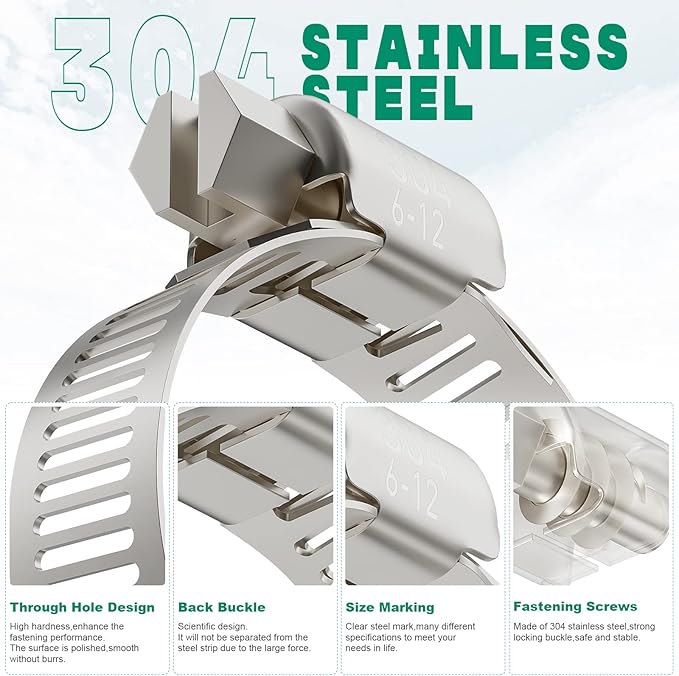 40PCS Hose Clamps Stainless Steel Adjustable 1/4"– 7/16"(6-12mm) Worm Gear Hose Clamp, Heavy Duty Metal Small Hose Clamps for Automotive, Pipe, Radiator Plumbing, Fuel Line