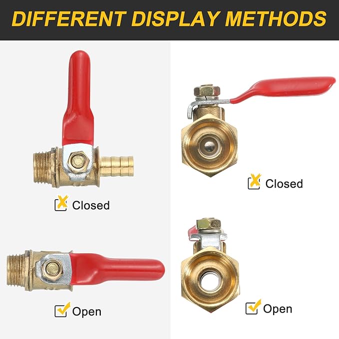 uxcell 4Pcs Brass Water Mini Ball Valve Shut Off Switch, G1/8" Male x 3/8" Hose Barb, 180 Degree Operation Handle, Brass Valve