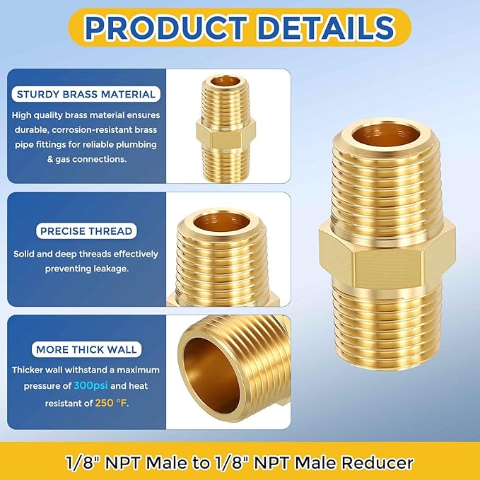 6 Pack Brass Pipe Fittings, 1/8" NPT Male to 1/8" NPT Male Brass Hex Nipple, Male Pipe Adapter Reducer for Air, Oil, LP