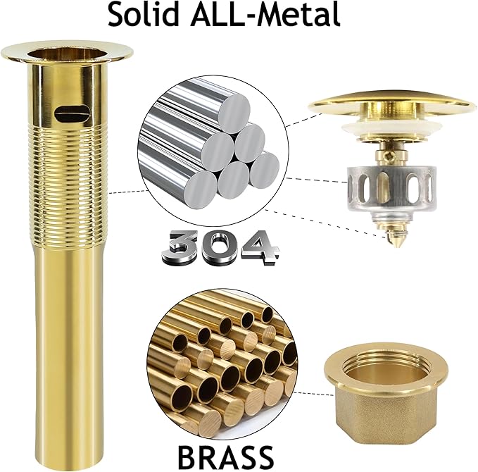 Bathroom Sink Drain, Gold Drain Stopper Bathroom Sink with Overflow,Pop Up Drain Assembly with Detachable Strainer Basket,Built-in Anti-Clogging Strainer,Stainless Steel Gold