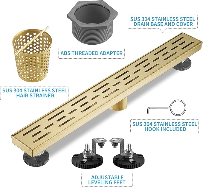 Linear Shower Drain, Brushed Gold Shower Drain 28 Inch with Removable Grate, SUS-304 Stainless Steel Rectangle Floor Drain with Leveling Feet and Hair Strainer, Bathroom Modern Drain SD-101