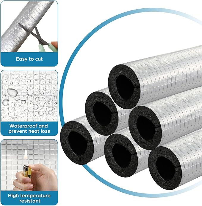 Tondiamo 8 Pcs 3 FT Pipe Insulation Foam Tube Self Adhesive Insulation Foam Wrap with Aluminum Foil Tape & Cable Ties for Tubing Heat Preservation Winter Outdoor Freeze Protection(1.5 Inch)