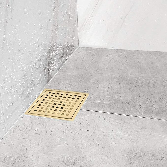 6 Inch Square Shower Floor Drain with Flange,Quadrato Pattern Grate Removable,Food-Grade SUS 304 Stainless Steel,Brushed Gold
