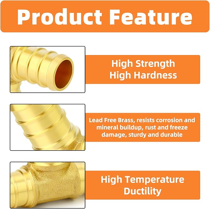GASHER 2Pcs No Lead Brass 1/2" Pex Tee Fittings, 1/2 Inch Pex Fittings for Pex Tubing