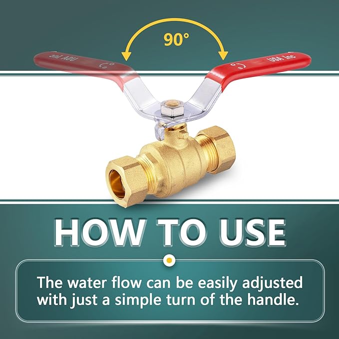 1/2" Ball Valve, 4 Pack Compression Shut Off Valves Red, Quarter Turn Brass Full Port Shut Off Ball Valve for Hot and Cold Water, NSF/ANSI 61 Certified