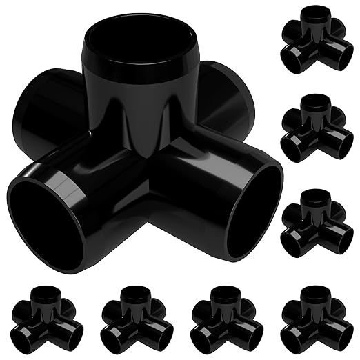 FORMUFIT 3/4" 5-Way Cross Furniture Grade PVC Fitting in Black, Made in USA, UV-Resistant, Impact-Proof, 1.050” Actual Socket Diameter (Pack of 8) - F0345WC-BK-8