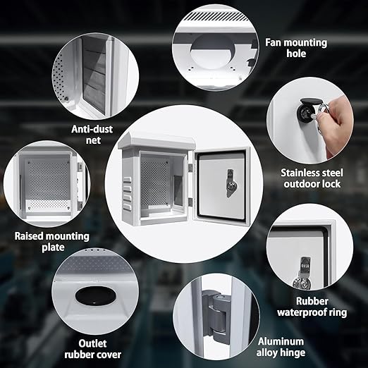 Outdoor Weatherproof Enclosure Electrical Box - 11.6x9.1x5.7 Outdoor Network Box Enclosure hinged Outdoor Galvanized Electrical Ventilation Design，Wall/Pole mounting kit (295x230x145mm)